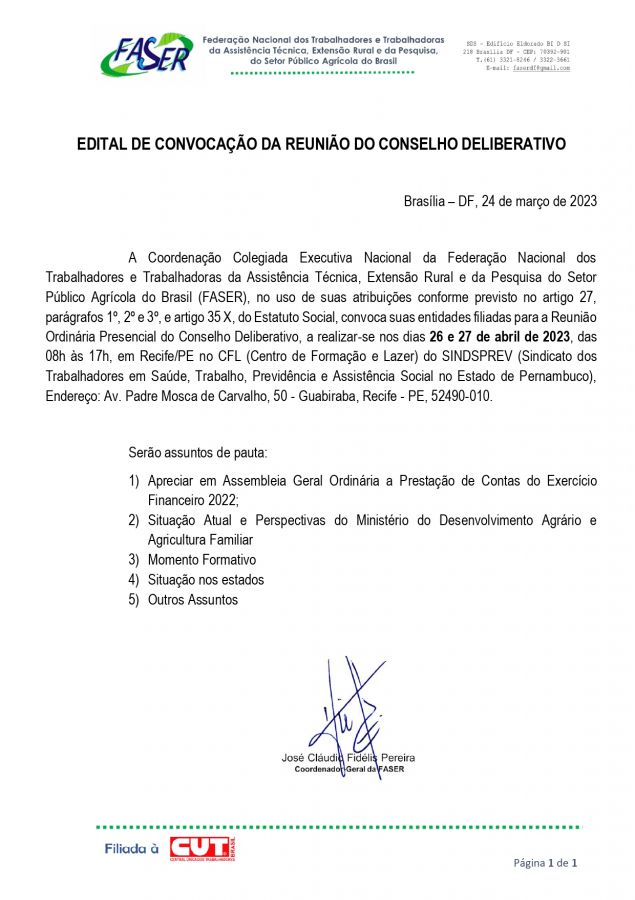 Edital de Convocação da Reunião Ordinária e Re